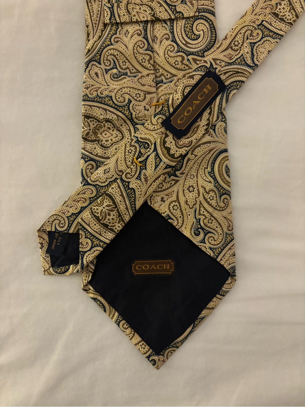Coach Men's Paisley Silk Tie in Beige and Navy Accents